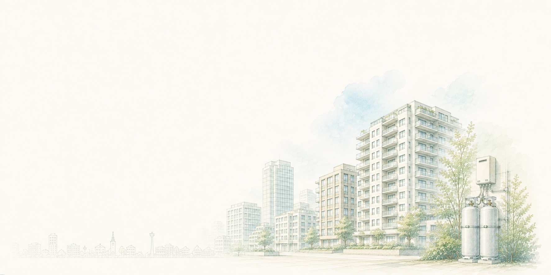 淡い水彩で描いた集合住宅が並ぶ市街地とLPガスボンベ、給湯器