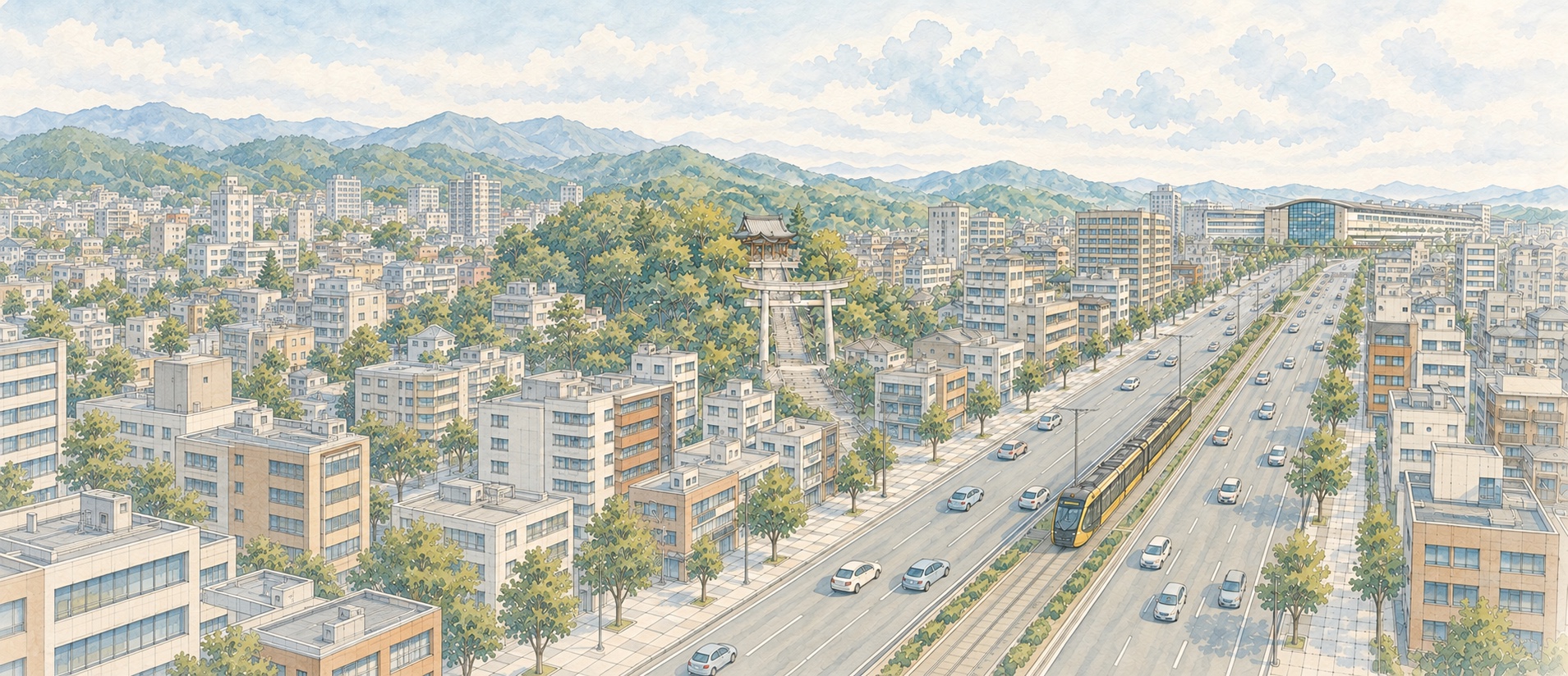 宇都宮駅、道路の中央を走るLRT、森に囲まれた二荒山神社と市街地を描いた水彩の街並み